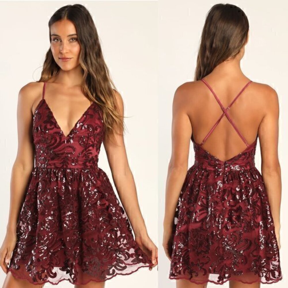 Lulu's Sweetest Celebrations Wine Red Sequin Skater Mini Dress Size M NWT